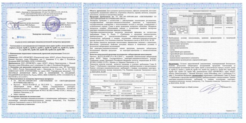 Гигиенический сертификат на светильники SENAT
