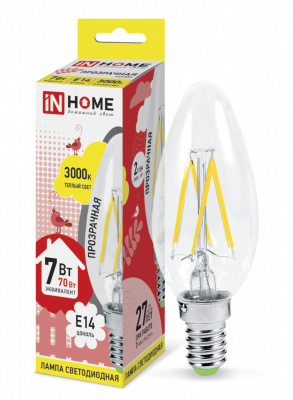 Лампа светодиодная LED-СВЕЧА-deco 7Вт 230В Е14 630Лм прозрачная IN HOME