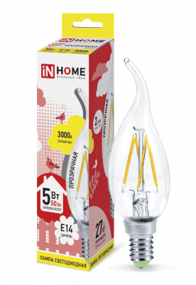 Лампа светодиодная LED-СВЕЧА НА ВЕТРУ-deco 5Вт 230В Е14 450Лм прозрачная IN HOME